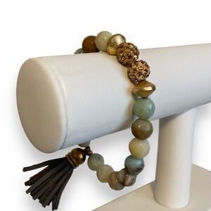 Earth & Sea Bead Stretch Bracelet Tassel Sparkle Gold Tone Cream Multi